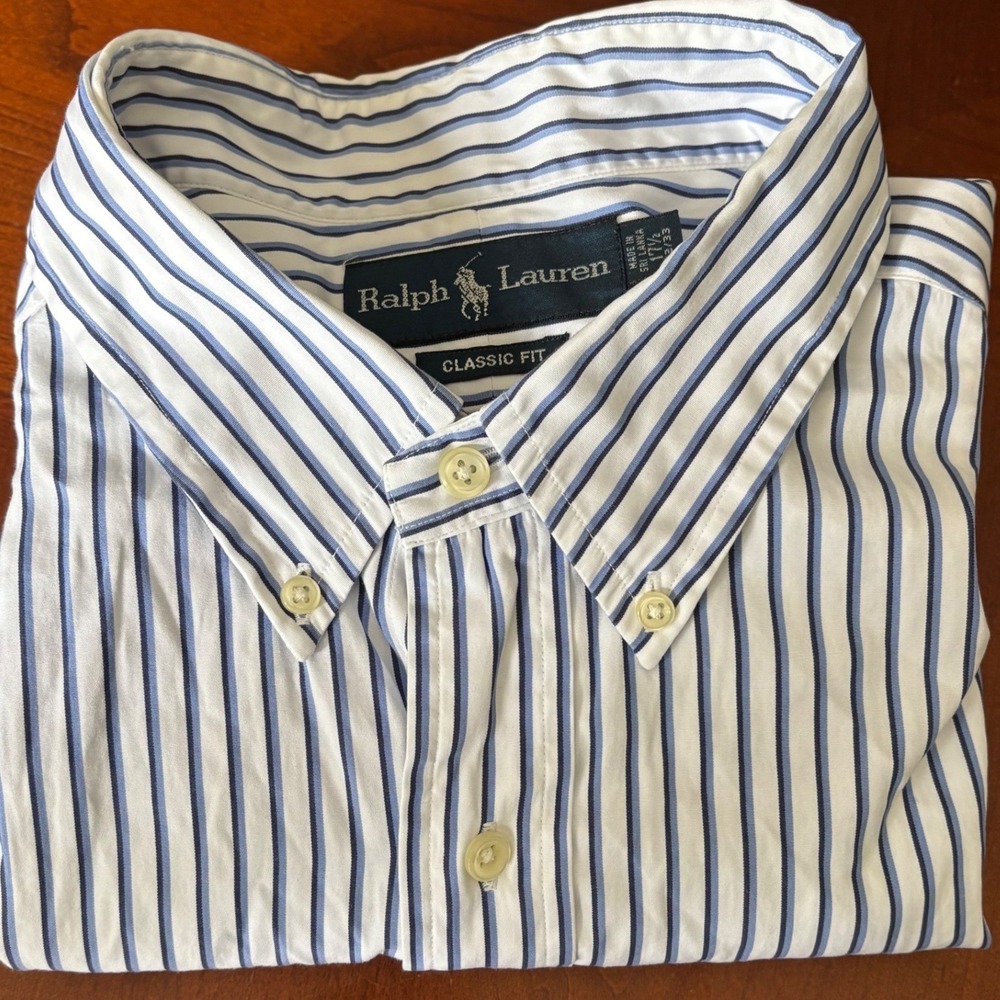 Ralph Lauren | Classic Fit Mens‎ 17.5 32/33 Blue White Striped Button Down Shirt